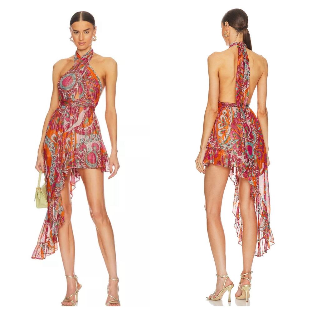 Sundress Amina Dress Size Large Fuchsia orange Print Halter Neck Asymmetric Hem
